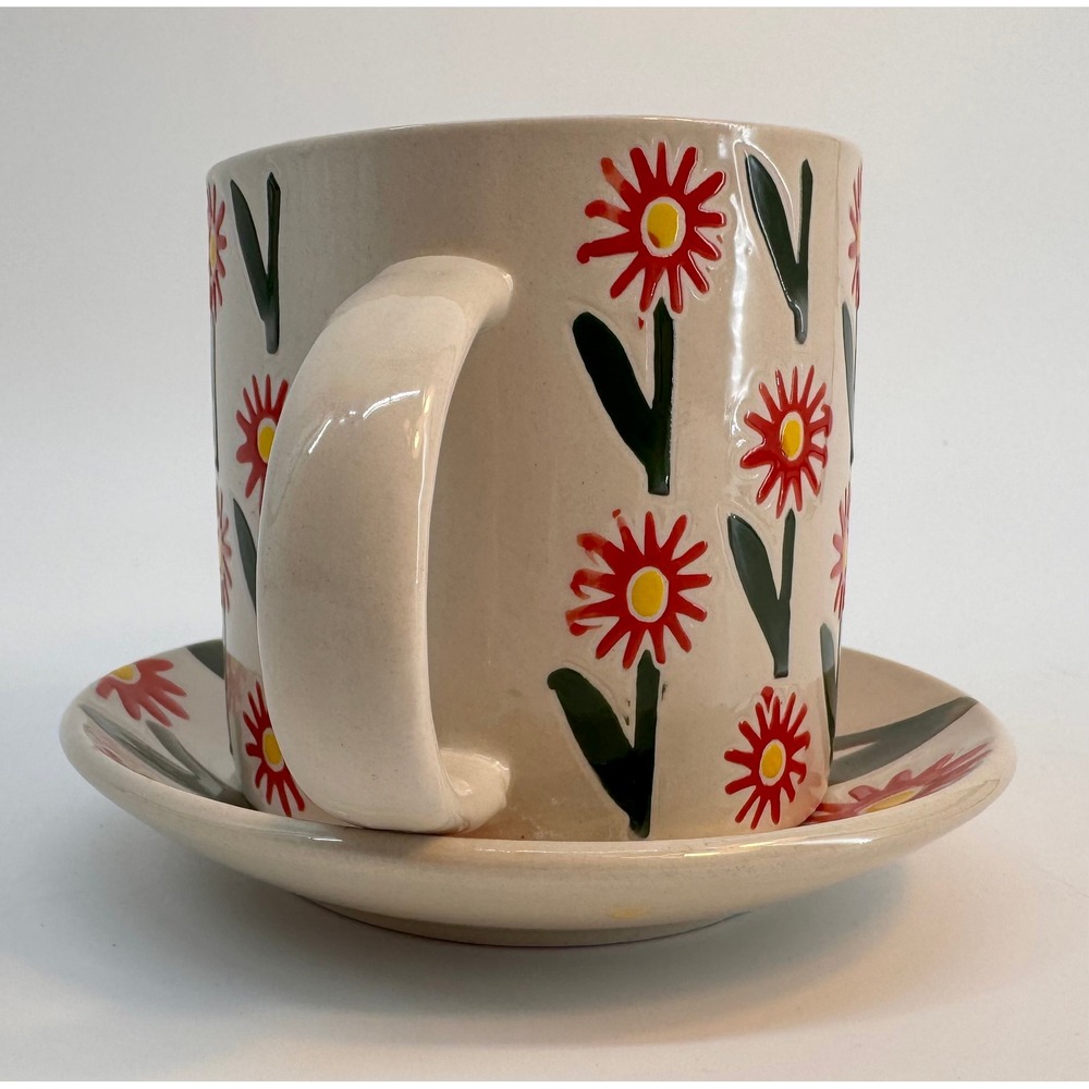 Hazel Mazel Red Daisy Stoneware Mug and Saucer Set Wax Relief Floral HM0172A NWT - Picture 3 of 13